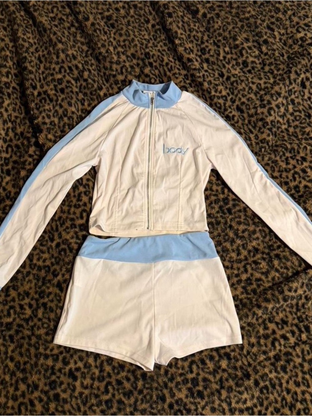Logo White and Light Blue Athletic Zip Jacket & Shorts Set